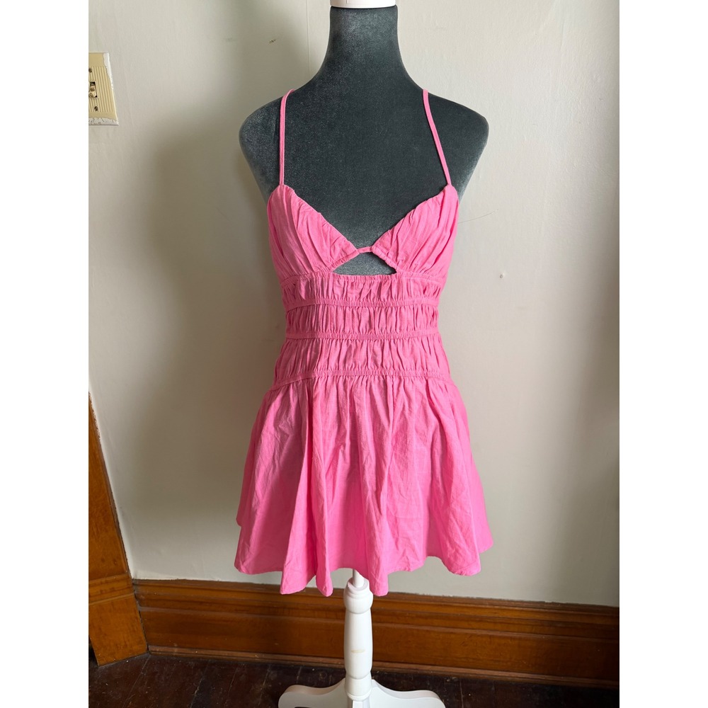 Sndys Tahlia Mini Dress Pink Cotton Cutout Smocked Backless festival Strappy S